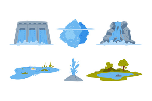 Dam, Waterfall, Iceberg, Pond and Spring with Flowing Water Vector Illustration Set. Blue Liquid Substance as Fluid Earth Source Concept