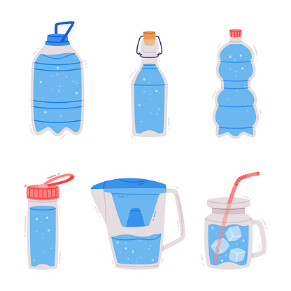 Water in Plastic Bottle and Filter with H2O Pure Liquid Poured Inside Vector Illustration Set. Aqua and Fluid Bio Resource for Drinking Concept