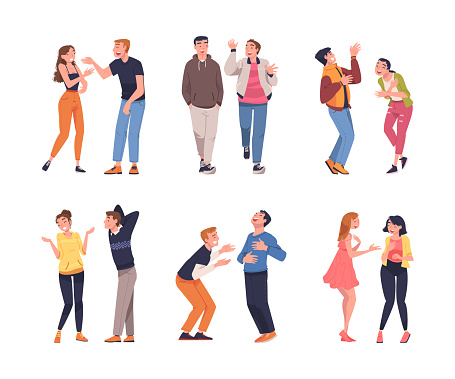 People Character Telling Funny Story and Joke Laughing Out Loud and Having Fun Vector Set. Cheerful Young Man and Woman with Good Sense of Humor Amusing Friend Concept