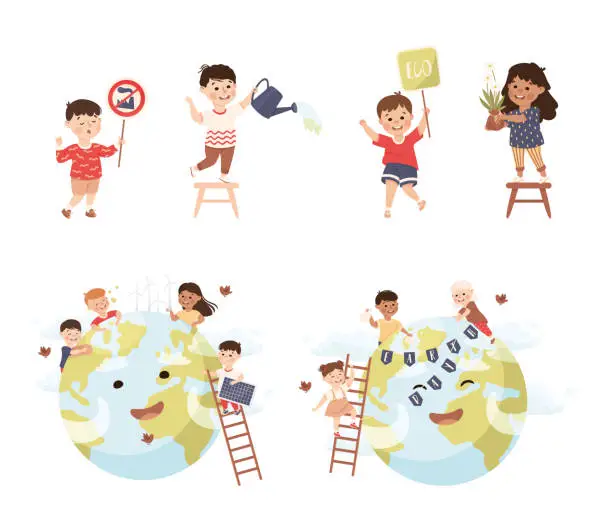 Vector illustration of Cute Kids Caring About Earth Planet Saving World Vector Illustration Set