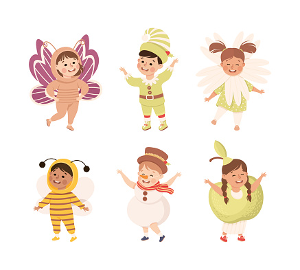 Little Girl and Boy in Theater Play Wearing Costume Performing on Stage Vector Illustration Set. Cute Kid Acting in Entertainment Show or Theatrical Performance
