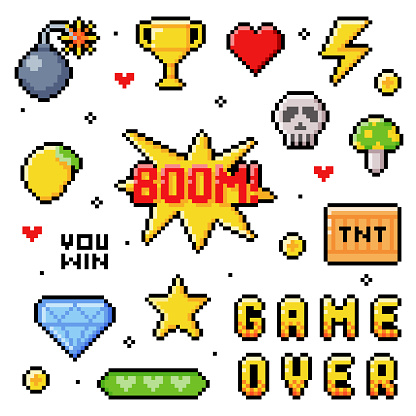 Pixel 8-bit Objects and Video Game Style Element Vector Set. Pixelized Creative Symbol and Icon