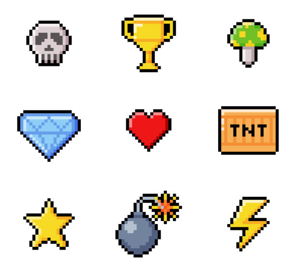pixel 8-bit-objekte und videospiel-stil-element-vektor-set - pixel art stock-grafiken, -clipart, -cartoons und -symbole