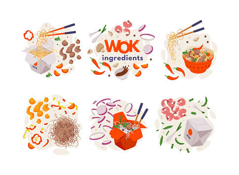 Wok Ingredients and Asian Food with Noodles in Carton Box Vector Composition Set. Traditional Dish of Chinese Cuisine Cooking