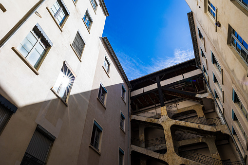 Cour des Voraces, famous for its staircase, in the Croix-Rousse district in Lyon