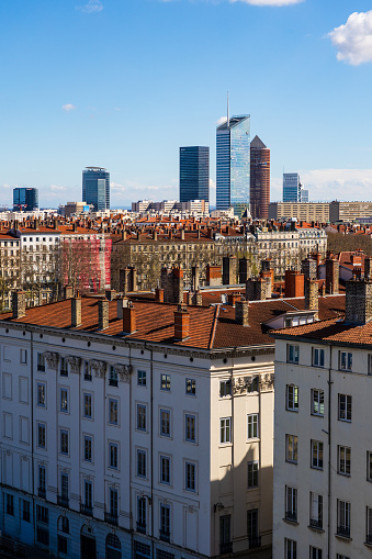 View of Lyon and the towers of the Part-Dieu business district from Rue des Fantasques, in the Croix-Rousse district