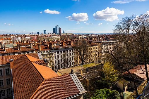 View of Lyon and the towers of the Part-Dieu business district from Rue Magneval, in the Croix-Rousse district