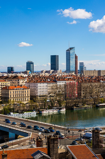 View of Lyon and the towers of the Part-Dieu business district from Rue des Fantasques, in the Croix-Rousse district