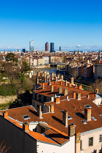 View of the quays of the Saône River and the towers of the Part-Dieu business district from Place Rouville, in the Croix-Rousse district in Lyon