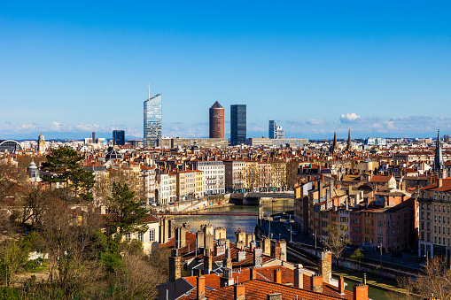 View of the quays of the Saône River and the towers of the Part-Dieu business district from Place Rouville, in the Croix-Rousse district in Lyon