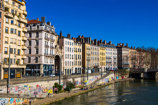 View of Quai Saint-Vincent in Lyon, along the Saône River, on a sunny day