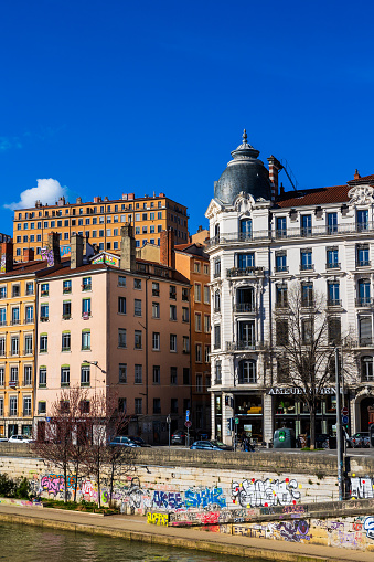 View of Quai Saint-Vincent in Lyon, along the Saône River, on a sunny day