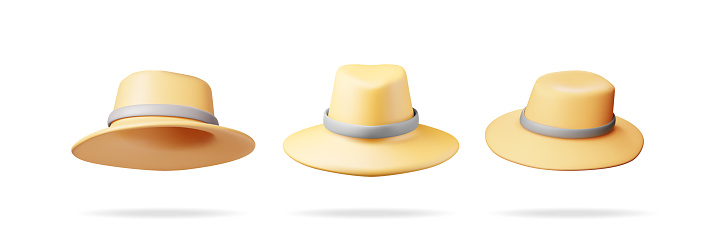 3d Set of Unisex Straw Hat Isolated. Render Collection of Straw Sunhat with Ribbon. Yellow Summer Bonnet. Concept of Summer Vacation or Holiday, Time to Travel. Beach Relaxation. Vector Illustration
