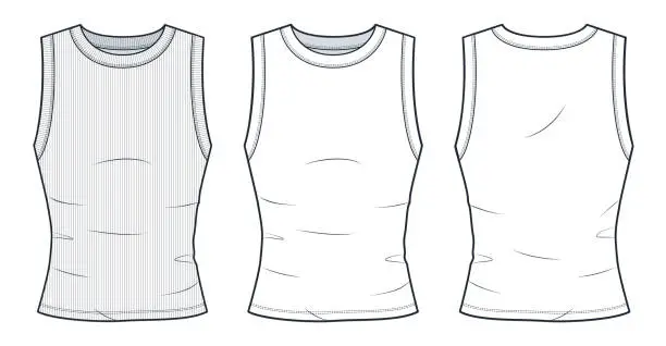 Vector illustration of Tank Top technical fashion illustration. T-Shirt fashion flat technical drawing template, round neckline, front and back view, slim fit, ribbed, white, women, men, unisex CAD mockup set.