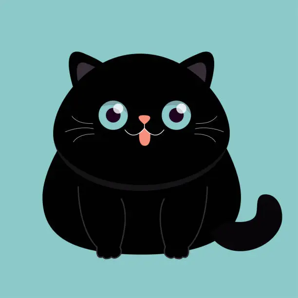 Vector illustration of Cute funny fat cat sitting. Kitten with blue eyes, showing pink tongue. Face head silhouette icon. Cartoon baby character. Funny kawaii pet animal. Sticker print. Flat design. Blue background.