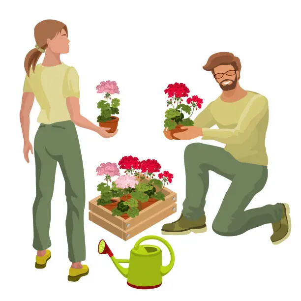 Vector illustration of Young man and girl take care of houseplants. Isometric vector illustration.