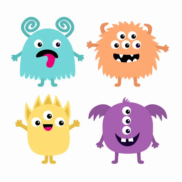 Vector illustration of Monster set. Happy Halloween. Colorful monsters with different emotions. Funny smiling face head. Cartoon kawaii boo baby character. Childish collection. White background. Flat design.