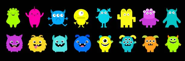 Vector illustration of Happy Halloween Monster set line. Cute cartoon kawaii colorful scary funny character icon. Eyes, horns, hands, tongue, fang teeth . Funny baby collection. Flat design. Black background Isolated.