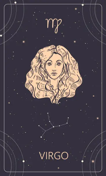 Vector illustration of Zodiac constellation Virgo. Social media template. Vertical banner.