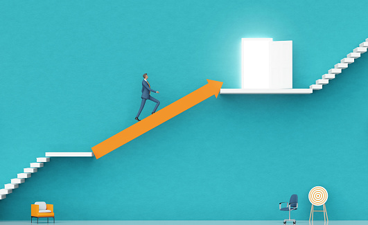 Business people walking up on big arrow. Business environment concept with stairs and opened door, representing career, advisory, growth, success, solution and achievement. 3D rendering