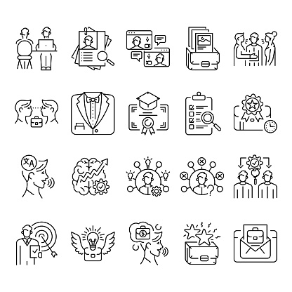 Job interview line black icons set. Signs for web page, mobile app, button, logo. Vector isolated button. Editable stroke.