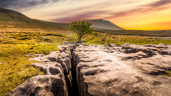 limestone pavement at sunset in the Yorkshire dales