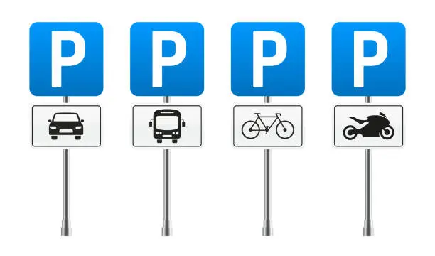 Vector illustration of Vector Sets of Parking Lots. Letter P Parking Symbol Sign. Car, motorbike, bicycle, truck, and car parking sign. Park zone. Vector illustration