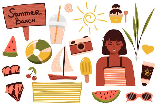 Vector illustration of A set of summer things for the beach. Travel to a sunny country. Happy girl in a bikini is resting at the sea. A woman in a swimsuit sunbathes and relaxes near the water. Summer rest. vector