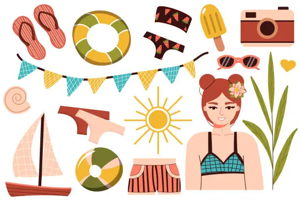 Vector illustration of A set of summer things for the beach. Travel to a sunny country. Happy girl in a bikini is resting at the sea. A woman in a swimsuit sunbathes and relaxes near the water. Summer rest. vector