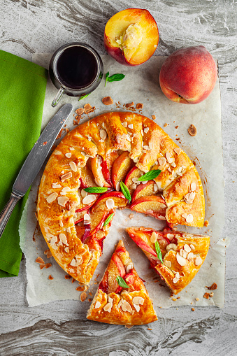 Galette, Peach, Afternoon Tea, Appetizer, Backgrounds, Food and drink, Baked, Baked Pastry Item, Bakery, Peach, Tart - Dessert, Sweet Pie, Recipe, Nectarine, Almond, Mint, Coffee