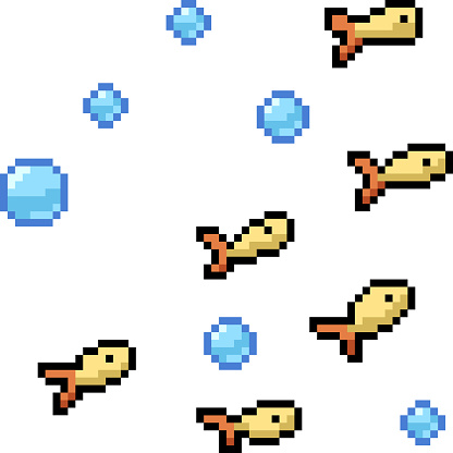 pixel art of fish swim group isolated background