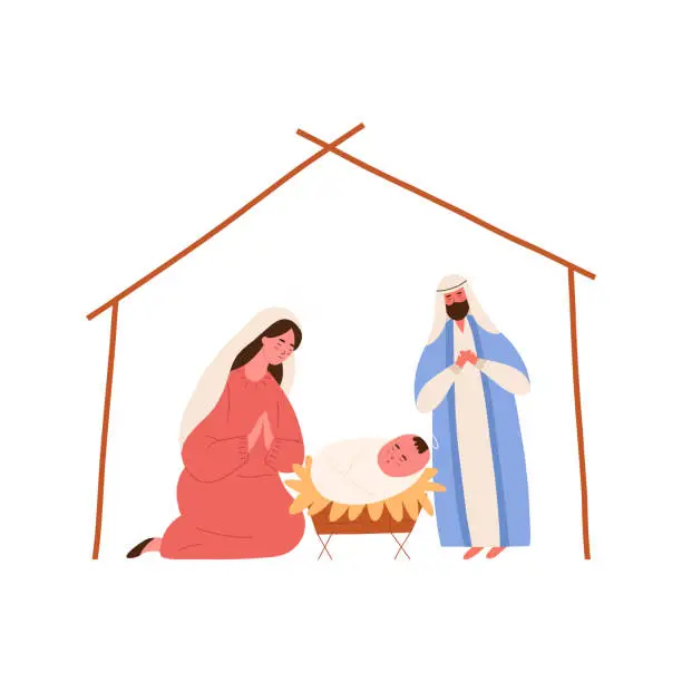 Vector illustration of Nativity scene, cartoon flat vector illustration isolated on white background.