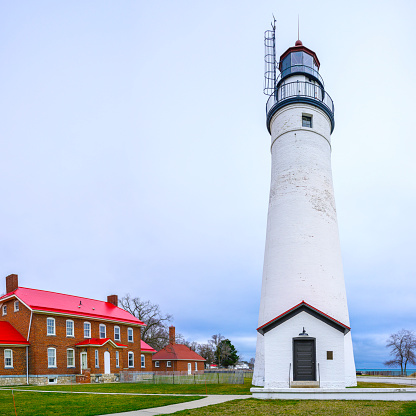 Fort Gratiot Lighthouse on the riverbank of the St. Clair River in Port Huron, Michigan