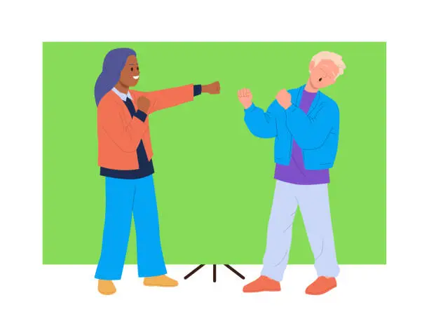 Vector illustration of Actor and actress fighting playing role in action movie over green screen vector illustration