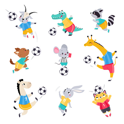 Funny Animal Characters Playing Football Wearing Uniform Passing Ball Vector Set. Cute Zoo Mammal Engaged in Sport Activity