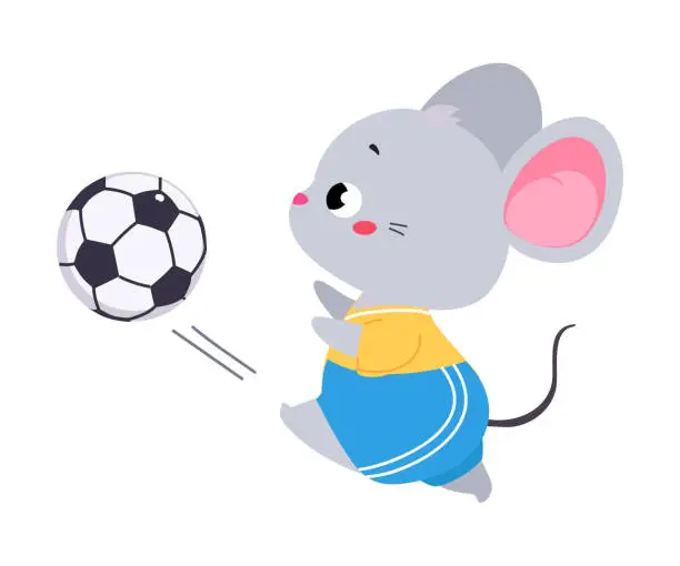 Vector illustration of Funny Grey Mouse Animal Character Playing Football Wearing Uniform Passing Ball Vector Illustration
