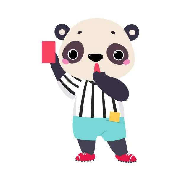 Vector illustration of Funny Panda Animal Character Referee Showing Red Card and Whistle Vector Illustration