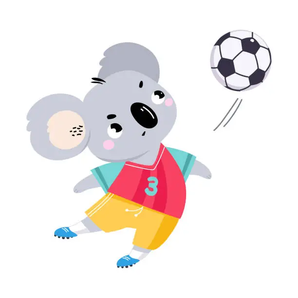 Vector illustration of Funny Koala Animal Character Playing Football Wearing Uniform Passing Ball Vector Illustration