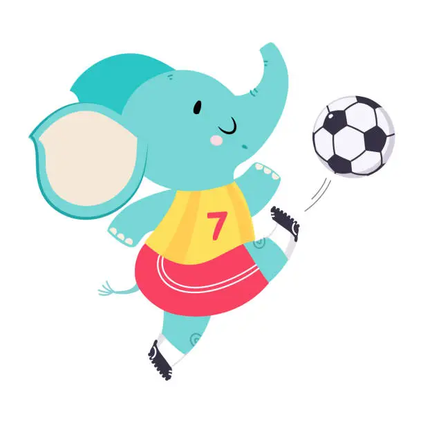 Vector illustration of Funny Elephant Animal Character Playing Football Wearing Uniform Passing Ball Vector Illustration
