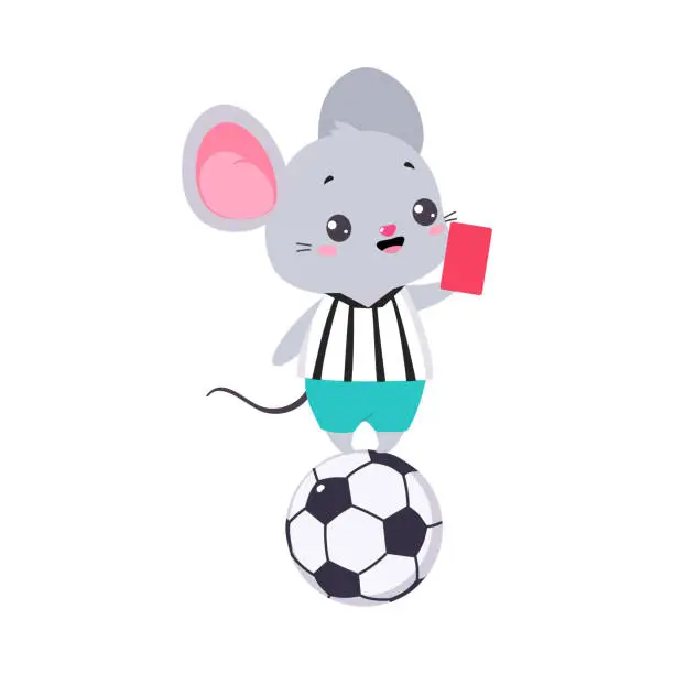 Vector illustration of Funny Grey Mouse Animal Character Referee Showing Red Card Vector Illustration