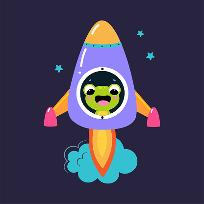 Space Adventure with Frog Astronaut in Rocket Exploring Galaxy Vector Illustration. Funny Animal Cosmonaut Engaged in Spaceflight and Universe Discovery Concept