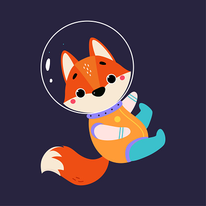 Space Adventure with Fox Astronaut in Spacesuit Floating Exploring Galaxy Vector Illustration. Funny Animal Cosmonaut Engaged in Spaceflight and Universe Discovery Concept
