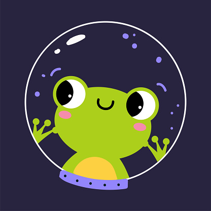 Space Adventure with Frog Astronaut in Helmet Floating Exploring Galaxy Vector Illustration. Funny Animal Cosmonaut Engaged in Spaceflight and Universe Discovery Concept