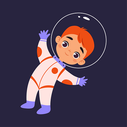 Space Adventure with Little Boy Astronaut in Spacesuit Exploring Galaxy Vector Illustration. Funny Kid Cosmonaut Engaged in Spaceflight and Universe Discovery Concept