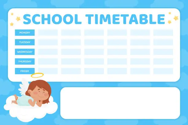 Vector illustration of School Timetable with Cute Girl Angel Character with Wings and Nimbus on Cloud Vector Template