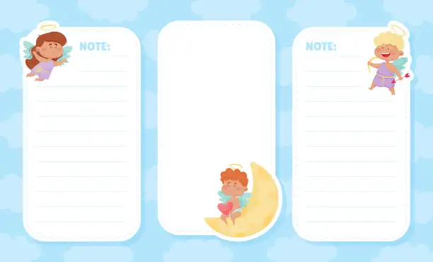 Vector illustration of Empty Note Card with Cute Boy and Girl Angel Character with Wings and Nimbus Vector Template