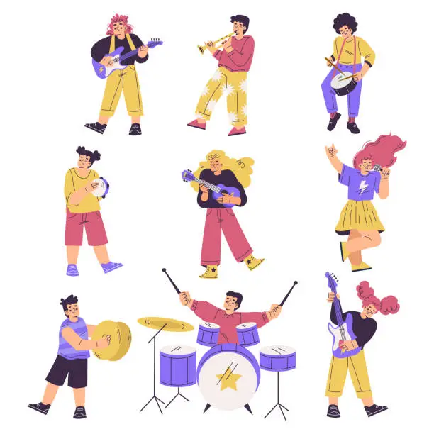 Vector illustration of Kids in Rock Band Playing Musical Instrument and Singing Vector Set