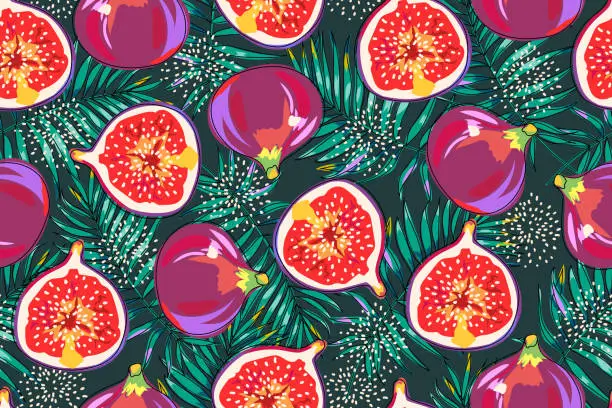 Vector illustration of Seamless pattern with figs and tropical leaves. Bright colorful fruits and palm leaves on a dark background. Whole fig and half. Hand drawn. Cartoon design. Vector illustration.