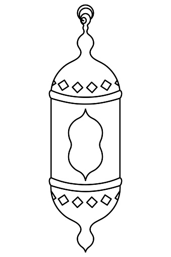 Moroccan candlestick. Sketch. Vector illustration. An elongated hanging lantern with a patterned window. The lamp is decorated with rhombus to diffuse light. Outline on isolated background. Doodle style. Coloring book for children. Idea for web design.