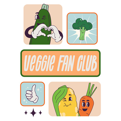 Vector set of bright vegetable stickers. Hand drawn poster for propaganda of vegetables